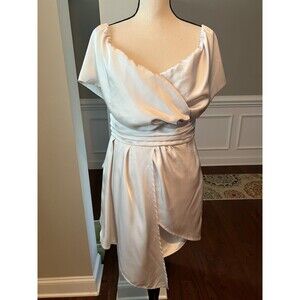 Lulus Cream Satin Short Dress w/Portrait Neckline and Assymetrical Skirt Sz L